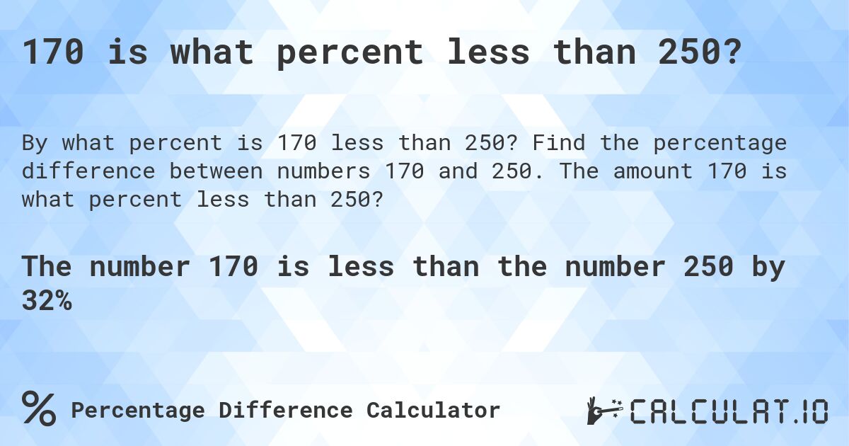 170 is what percent less than 250?. Find the percentage difference between numbers 170 and 250. The amount 170 is what percent less than 250?