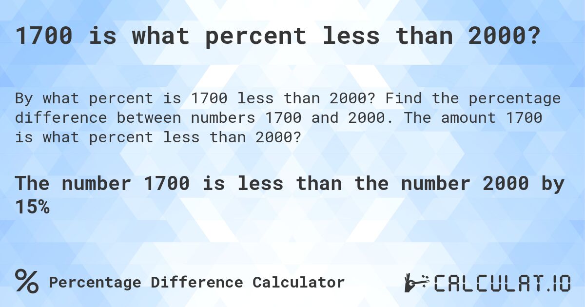 1700 is what percent less than 2000?. Find the percentage difference between numbers 1700 and 2000. The amount 1700 is what percent less than 2000?