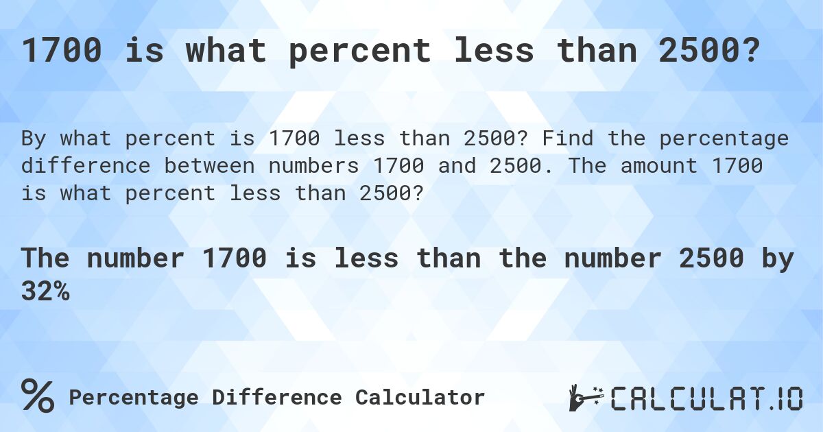 1700 is what percent less than 2500?. Find the percentage difference between numbers 1700 and 2500. The amount 1700 is what percent less than 2500?