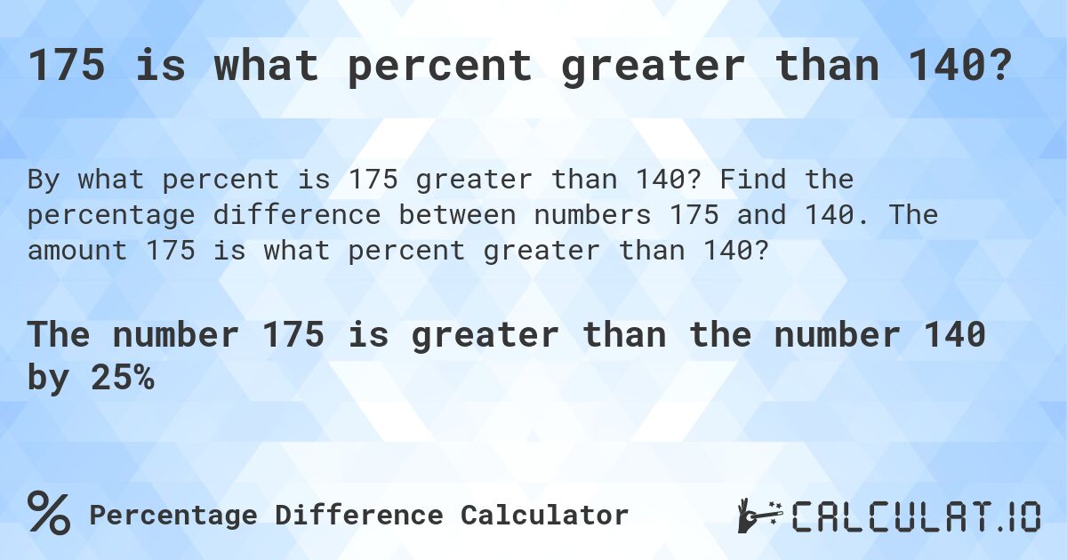 175 is what percent greater than 140?. Find the percentage difference between numbers 175 and 140. The amount 175 is what percent greater than 140?