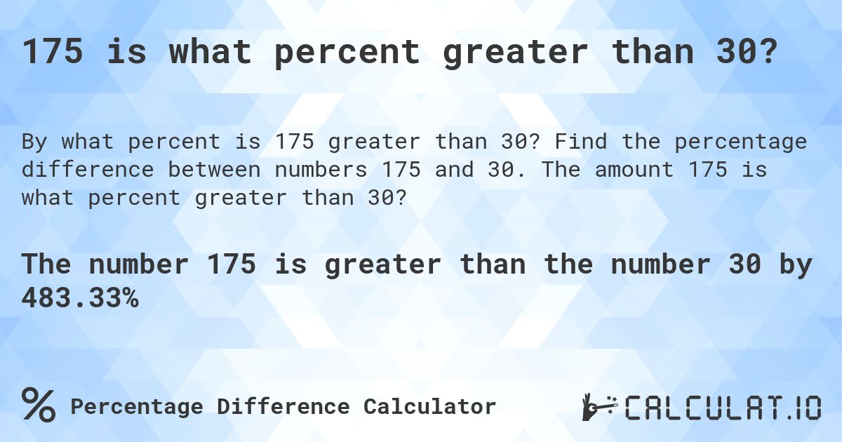 175 is what percent greater than 30?. Find the percentage difference between numbers 175 and 30. The amount 175 is what percent greater than 30?