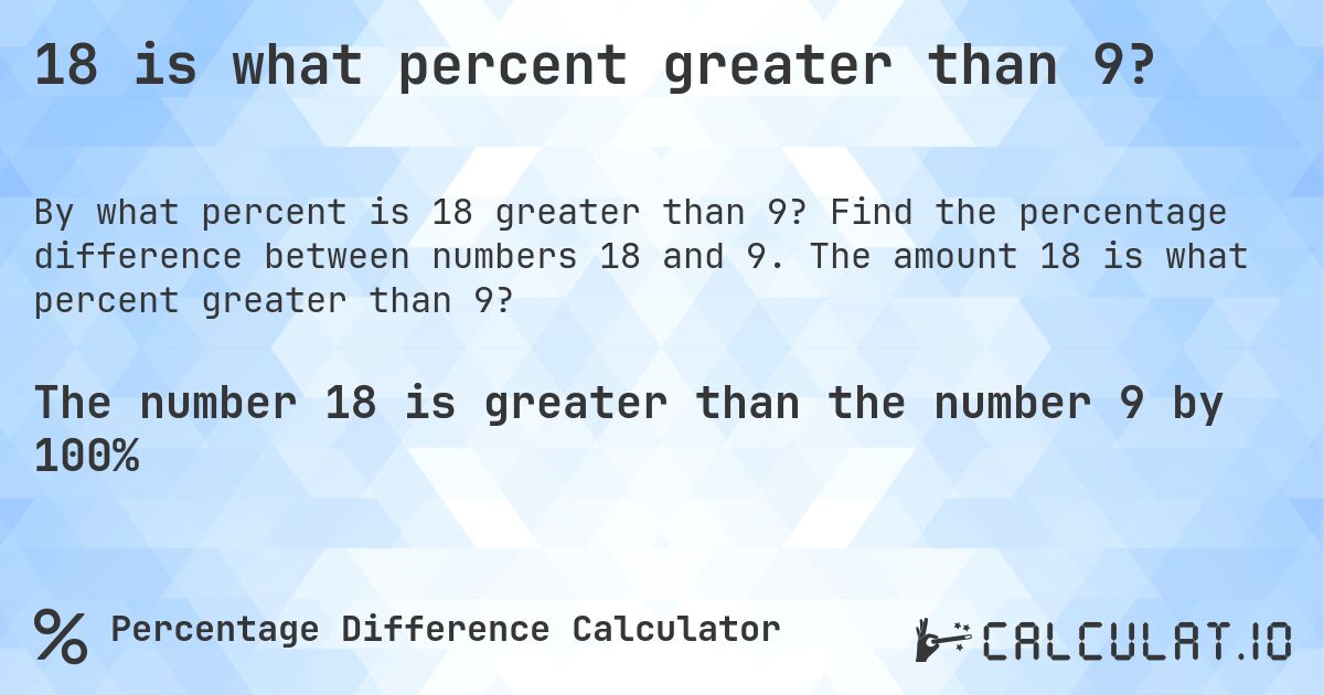 18 is what percent greater than 9?. Find the percentage difference between numbers 18 and 9. The amount 18 is what percent greater than 9?