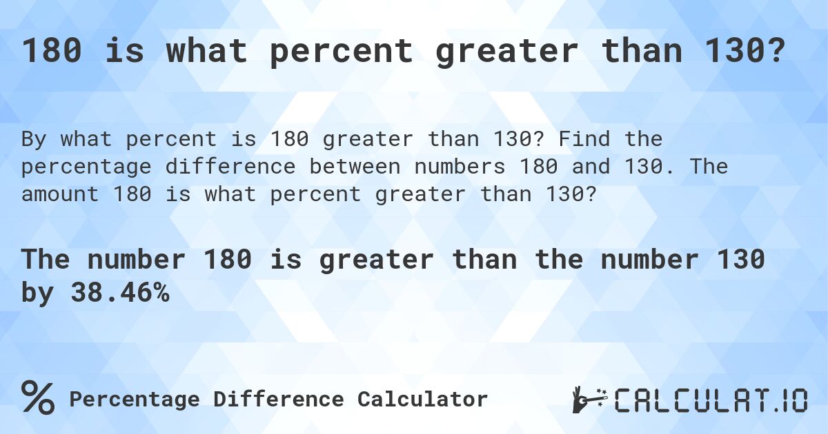 180 is what percent greater than 130?. Find the percentage difference between numbers 180 and 130. The amount 180 is what percent greater than 130?