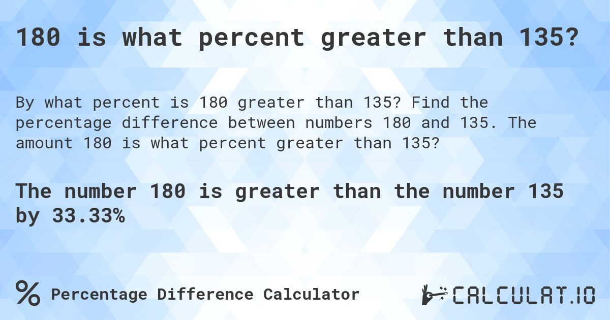 180 is what percent greater than 135?. Find the percentage difference between numbers 180 and 135. The amount 180 is what percent greater than 135?