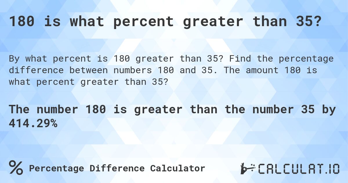 180 is what percent greater than 35?. Find the percentage difference between numbers 180 and 35. The amount 180 is what percent greater than 35?