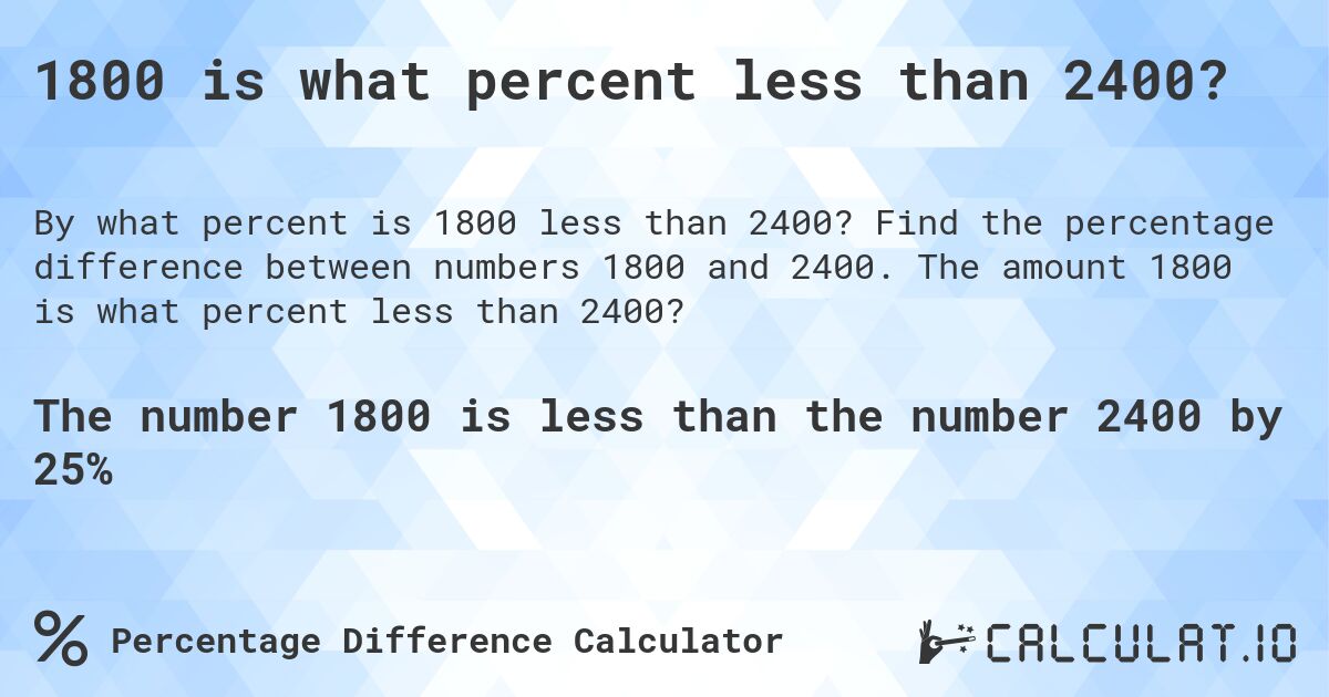 1800 is what percent less than 2400?. Find the percentage difference between numbers 1800 and 2400. The amount 1800 is what percent less than 2400?