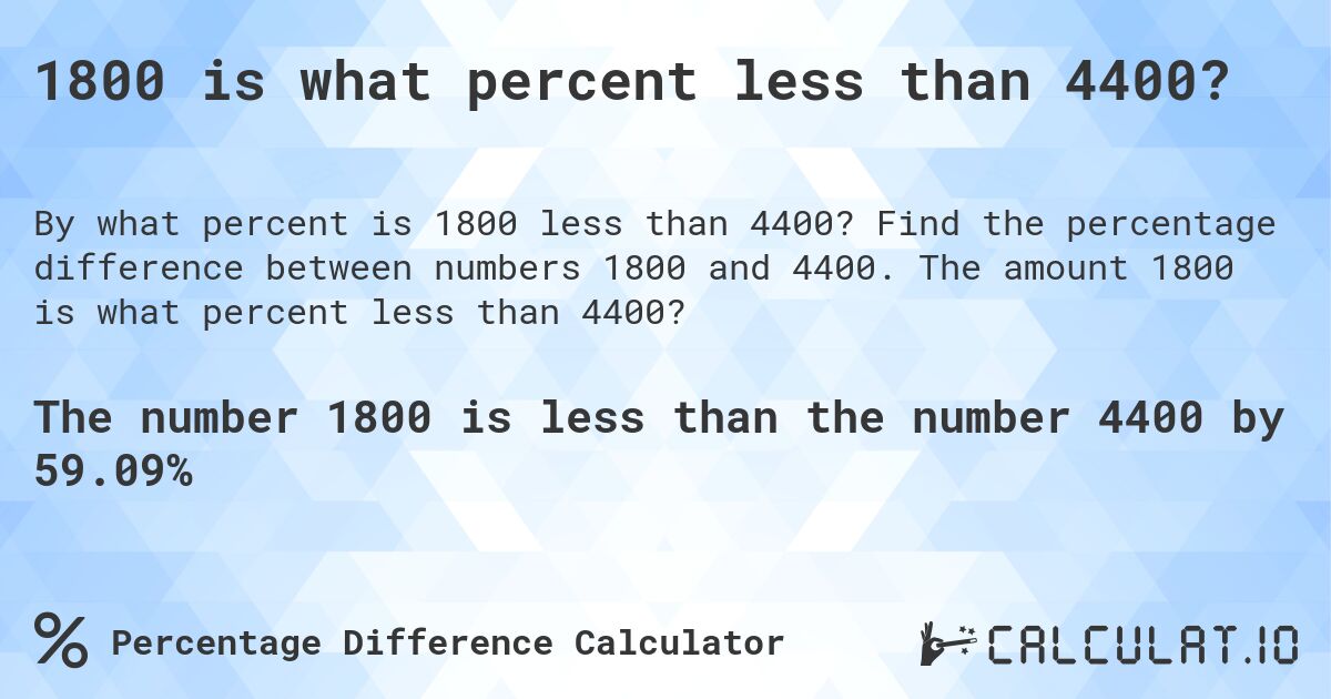 1800 is what percent less than 4400?. Find the percentage difference between numbers 1800 and 4400. The amount 1800 is what percent less than 4400?