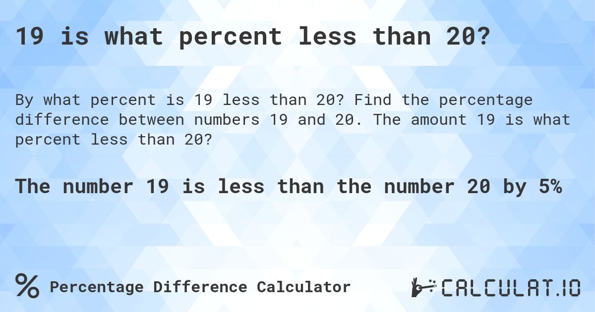 19 is what percent less than 20?. Find the percentage difference between numbers 19 and 20. The amount 19 is what percent less than 20?