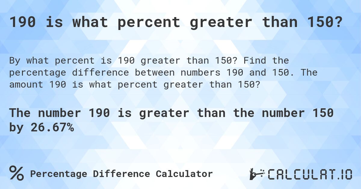 190 is what percent greater than 150?. Find the percentage difference between numbers 190 and 150. The amount 190 is what percent greater than 150?