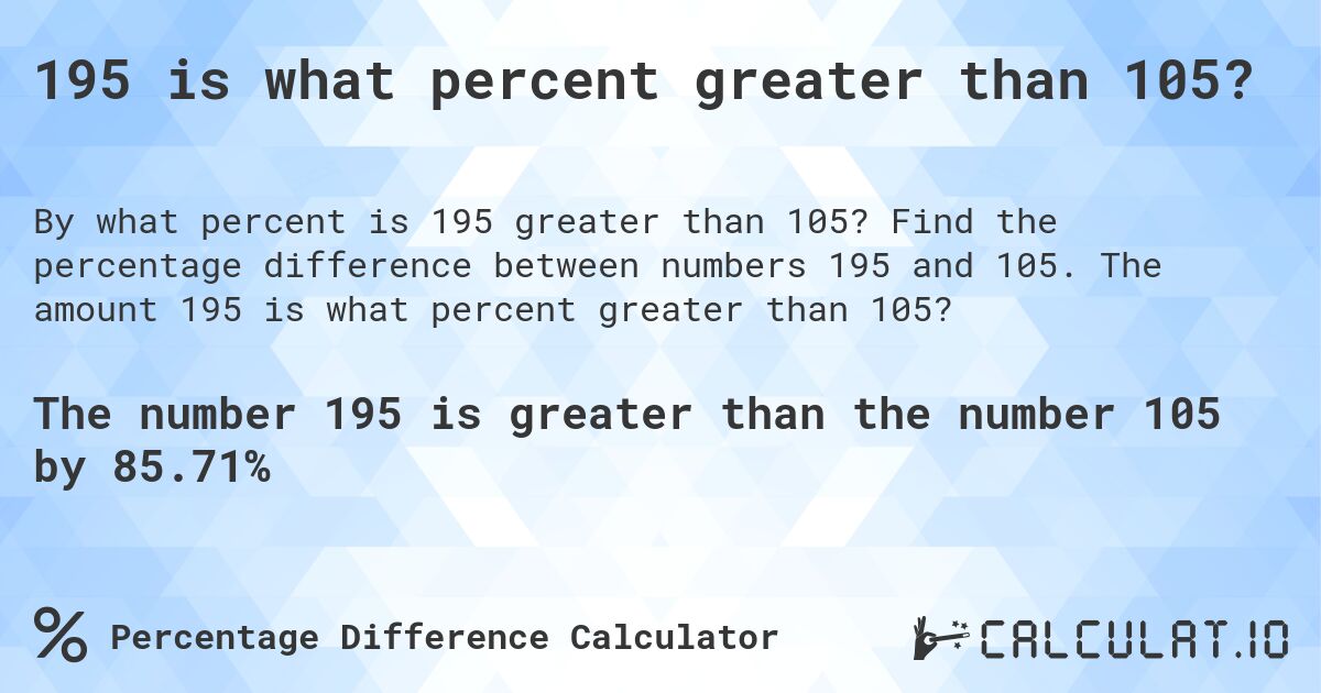 195 is what percent greater than 105?. Find the percentage difference between numbers 195 and 105. The amount 195 is what percent greater than 105?