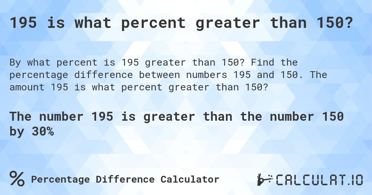195 is what percent greater than 150?. Find the percentage difference between numbers 195 and 150. The amount 195 is what percent greater than 150?