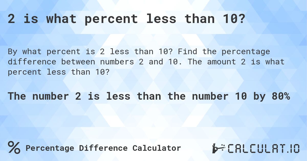 2 is what percent less than 10?. Find the percentage difference between numbers 2 and 10. The amount 2 is what percent less than 10?