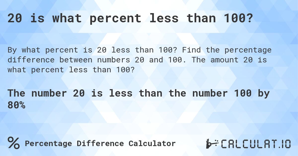 20 is what percent less than 100?. Find the percentage difference between numbers 20 and 100. The amount 20 is what percent less than 100?