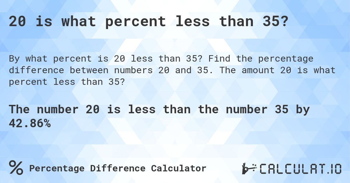 20 is what percent less than 35?. Find the percentage difference between numbers 20 and 35. The amount 20 is what percent less than 35?