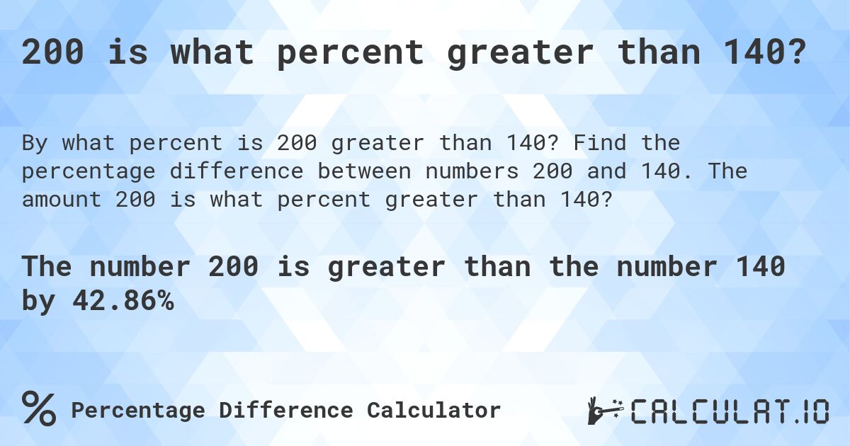 200 is what percent greater than 140?. Find the percentage difference between numbers 200 and 140. The amount 200 is what percent greater than 140?