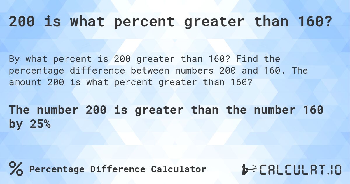 200 is what percent greater than 160?. Find the percentage difference between numbers 200 and 160. The amount 200 is what percent greater than 160?