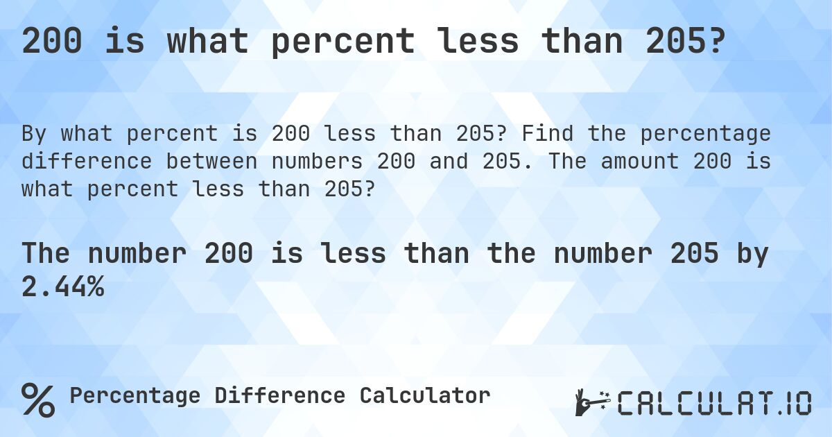 200 is what percent less than 205?. Find the percentage difference between numbers 200 and 205. The amount 200 is what percent less than 205?