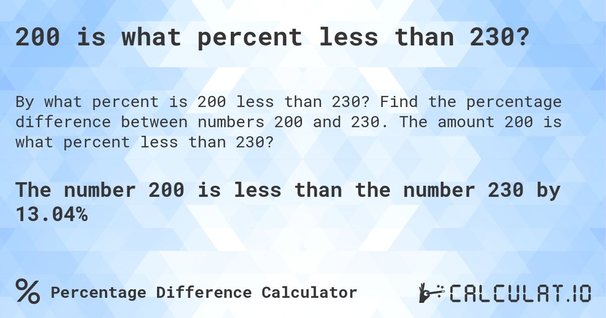200 is what percent less than 230?. Find the percentage difference between numbers 200 and 230. The amount 200 is what percent less than 230?