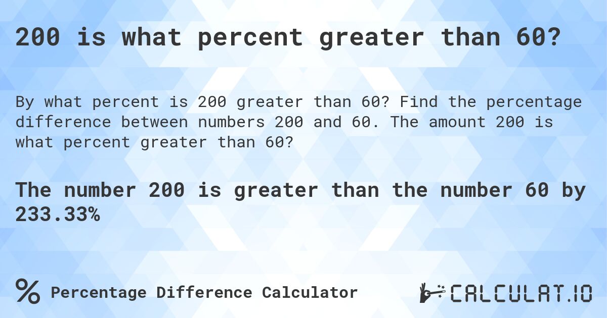 200 is what percent greater than 60?. Find the percentage difference between numbers 200 and 60. The amount 200 is what percent greater than 60?