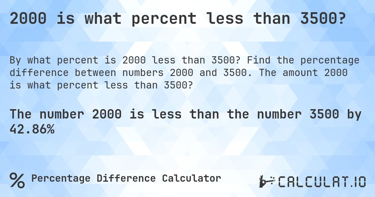 2000 is what percent less than 3500?. Find the percentage difference between numbers 2000 and 3500. The amount 2000 is what percent less than 3500?