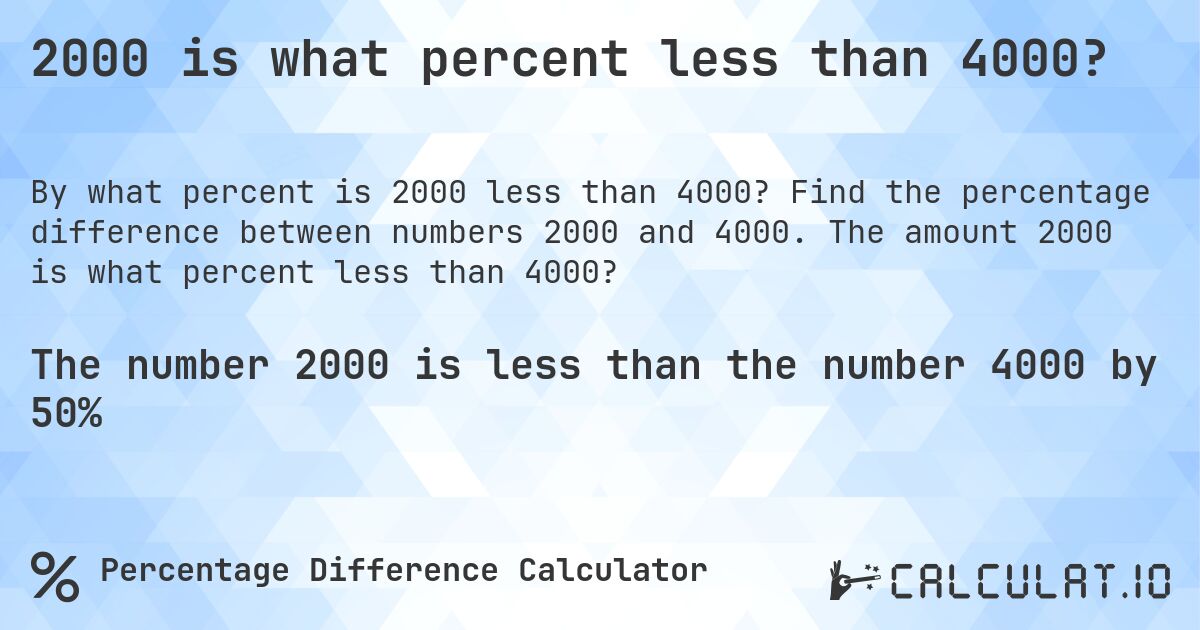 2000 is what percent less than 4000?. Find the percentage difference between numbers 2000 and 4000. The amount 2000 is what percent less than 4000?