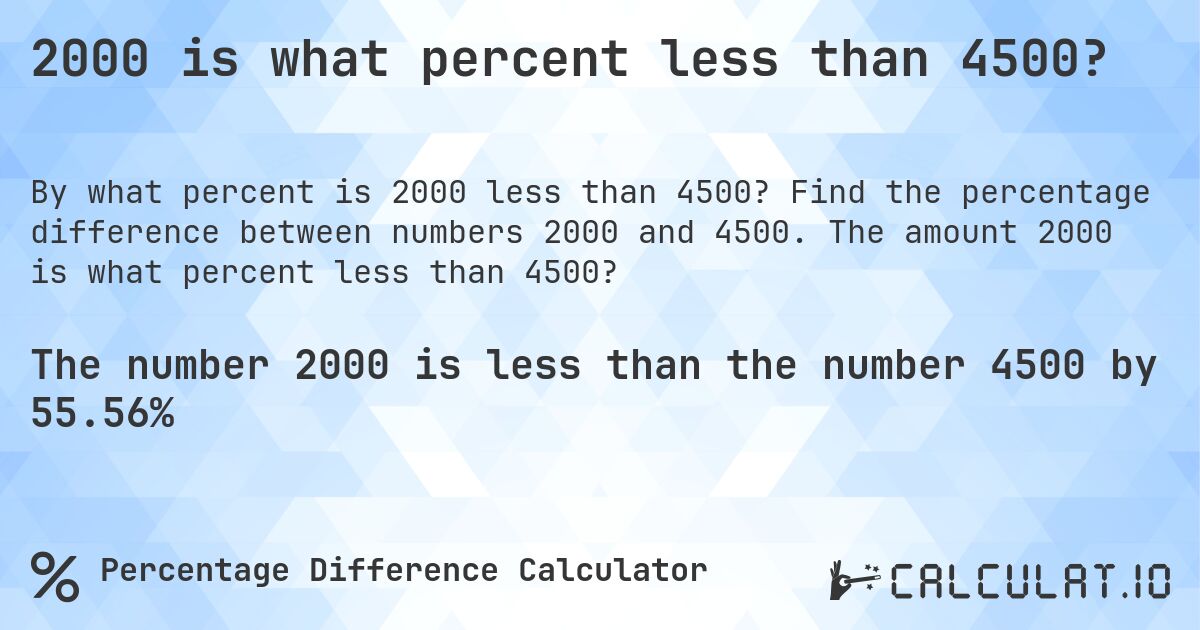 2000 is what percent less than 4500?. Find the percentage difference between numbers 2000 and 4500. The amount 2000 is what percent less than 4500?