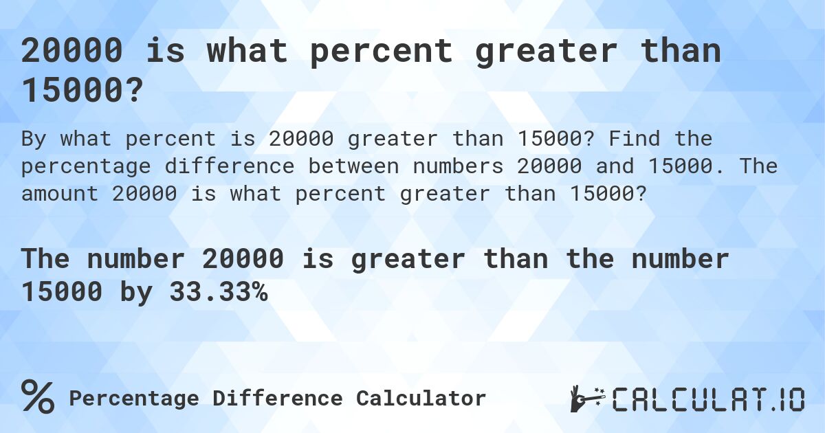 20000 is what percent greater than 15000?. Find the percentage difference between numbers 20000 and 15000. The amount 20000 is what percent greater than 15000?