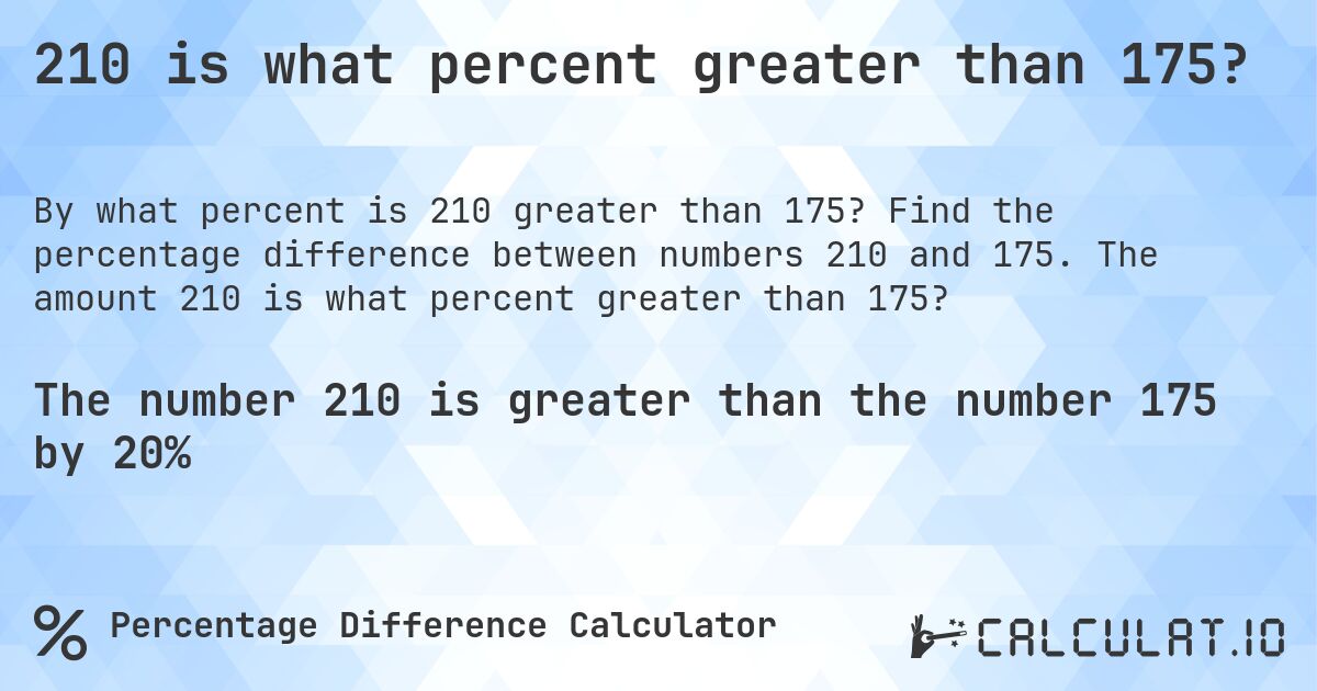 210 is what percent greater than 175?. Find the percentage difference between numbers 210 and 175. The amount 210 is what percent greater than 175?