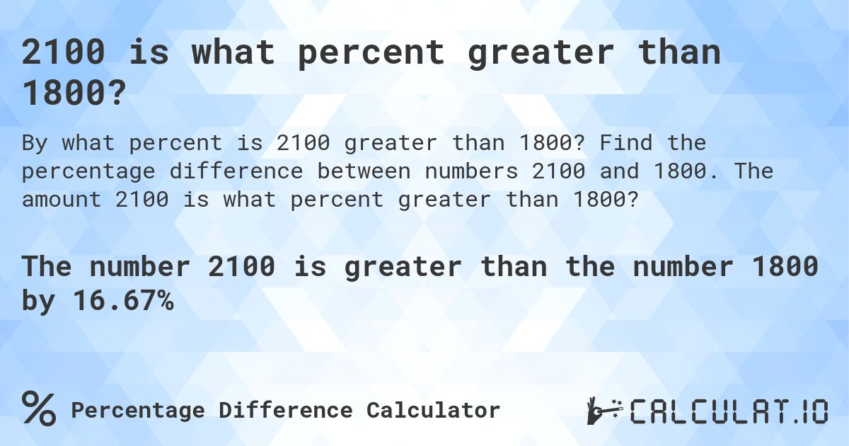 2100 is what percent greater than 1800?. Find the percentage difference between numbers 2100 and 1800. The amount 2100 is what percent greater than 1800?