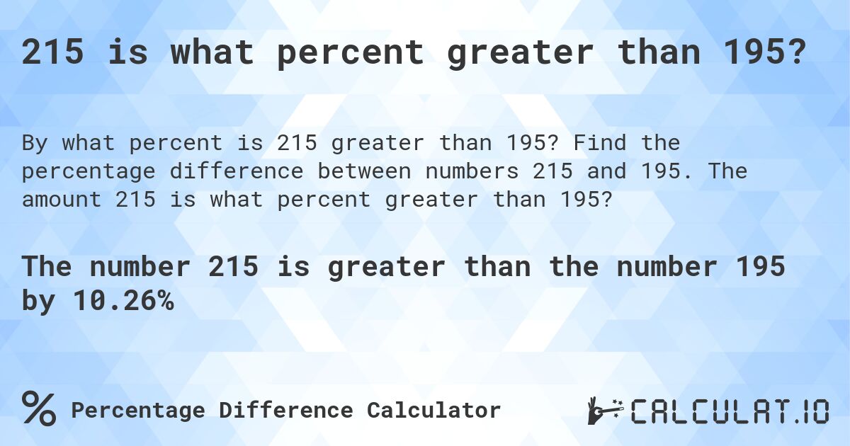 215 is what percent greater than 195?. Find the percentage difference between numbers 215 and 195. The amount 215 is what percent greater than 195?