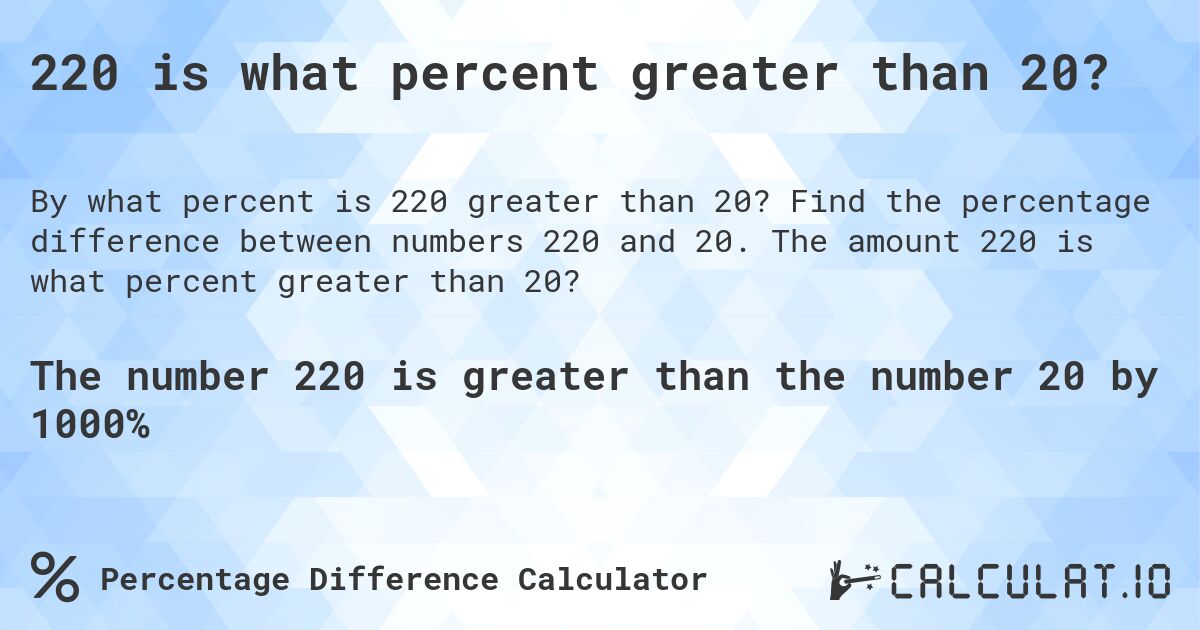 220 is what percent greater than 20?. Find the percentage difference between numbers 220 and 20. The amount 220 is what percent greater than 20?