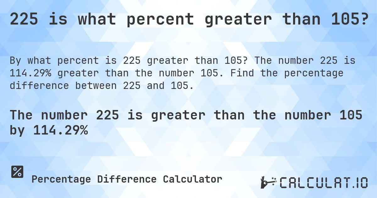 225 is what percent greater than 105?. The number 225 is 114.29% greater than the number 105. Find the percentage difference between 225 and 105.