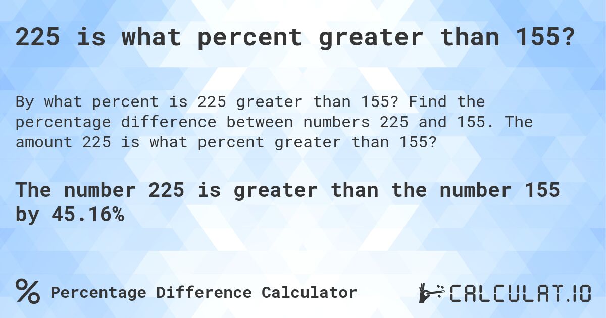 225 is what percent greater than 155?. Find the percentage difference between numbers 225 and 155. The amount 225 is what percent greater than 155?