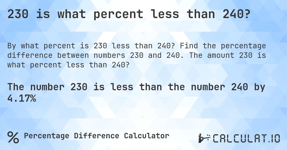 230 is what percent less than 240?. Find the percentage difference between numbers 230 and 240. The amount 230 is what percent less than 240?