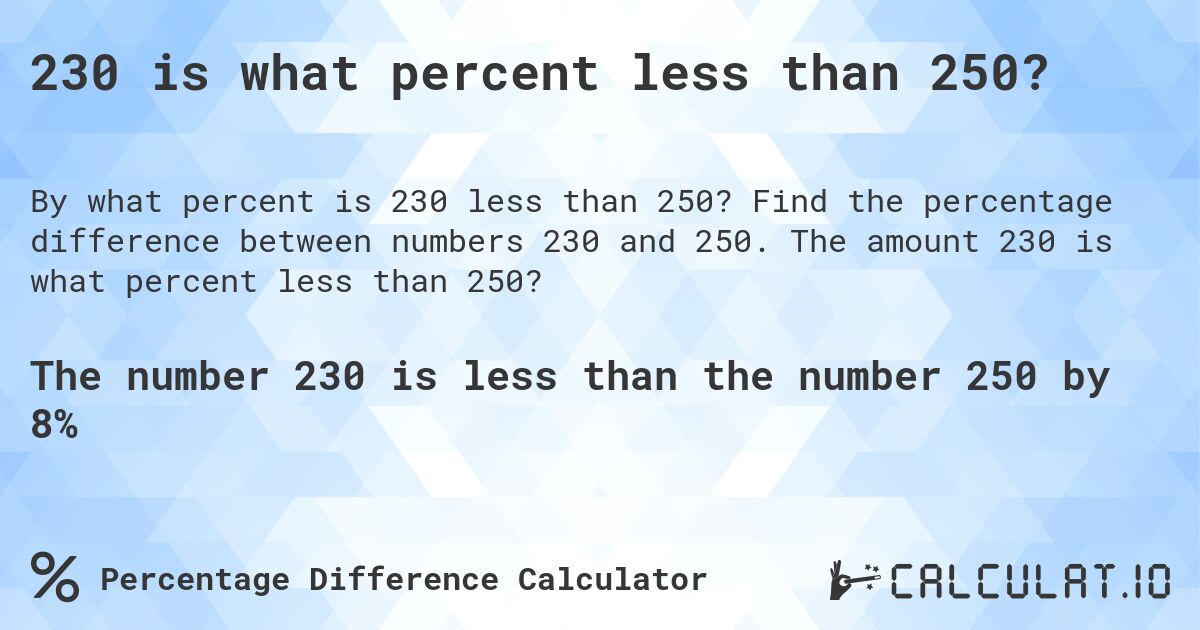 230 is what percent less than 250?. Find the percentage difference between numbers 230 and 250. The amount 230 is what percent less than 250?