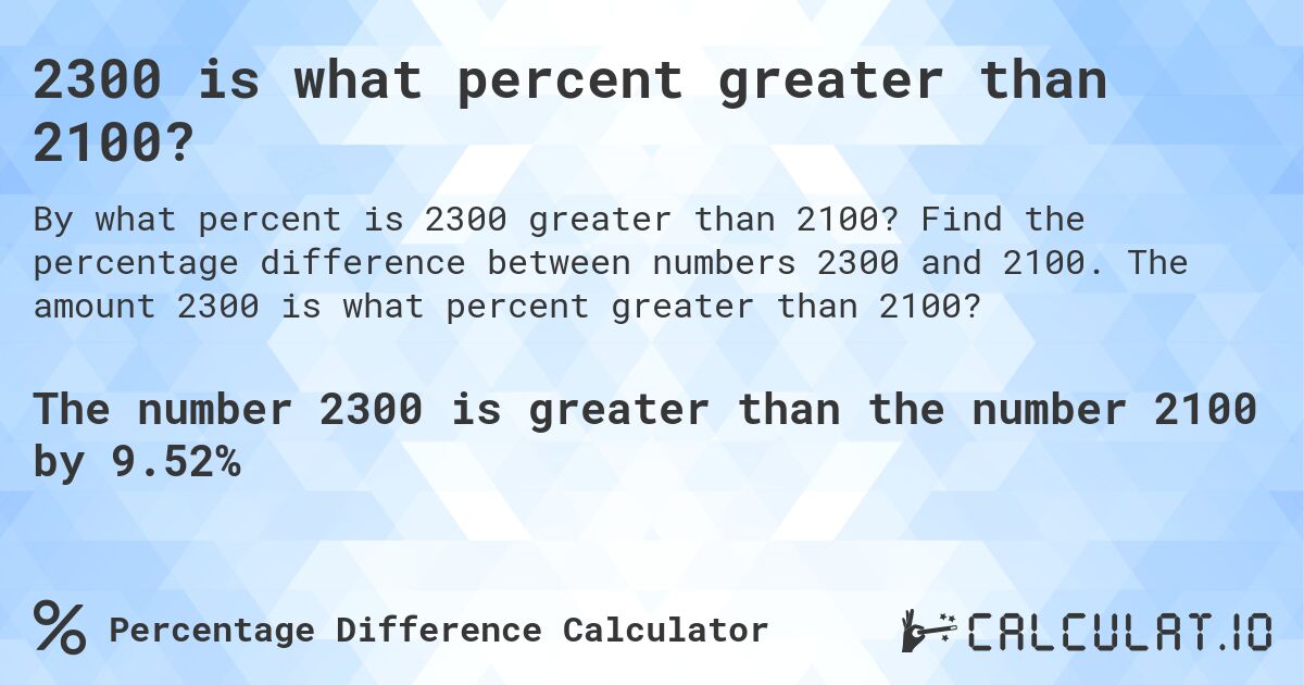 2300 is what percent greater than 2100?. Find the percentage difference between numbers 2300 and 2100. The amount 2300 is what percent greater than 2100?