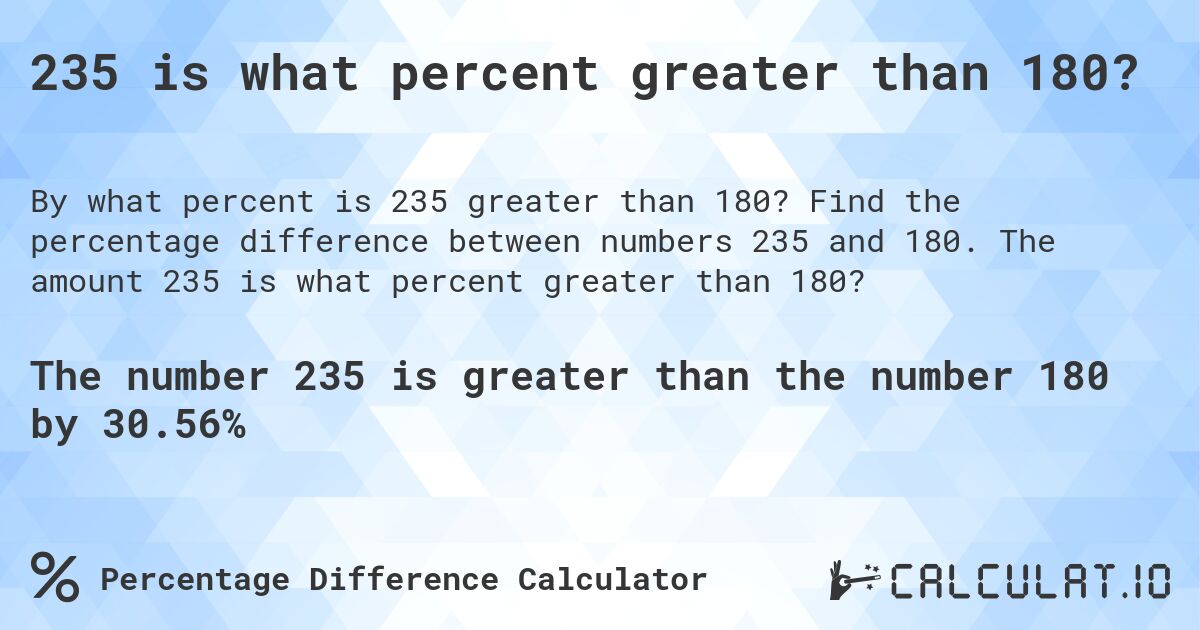 235 is what percent greater than 180?. Find the percentage difference between numbers 235 and 180. The amount 235 is what percent greater than 180?