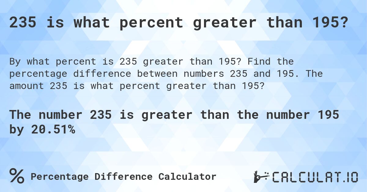235 is what percent greater than 195?. Find the percentage difference between numbers 235 and 195. The amount 235 is what percent greater than 195?
