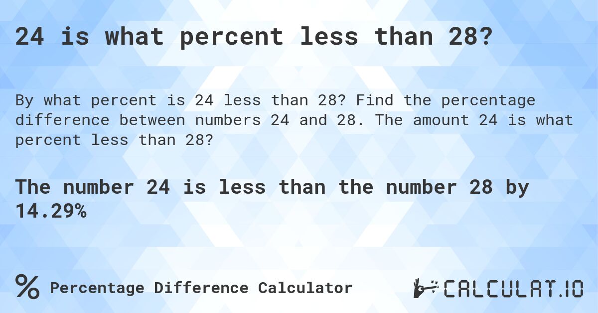 24 is what percent less than 28?. Find the percentage difference between numbers 24 and 28. The amount 24 is what percent less than 28?