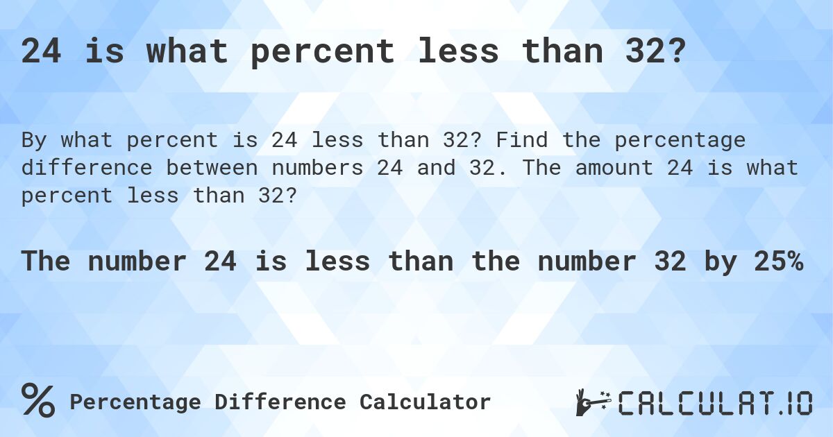 24 is what percent less than 32?. Find the percentage difference between numbers 24 and 32. The amount 24 is what percent less than 32?