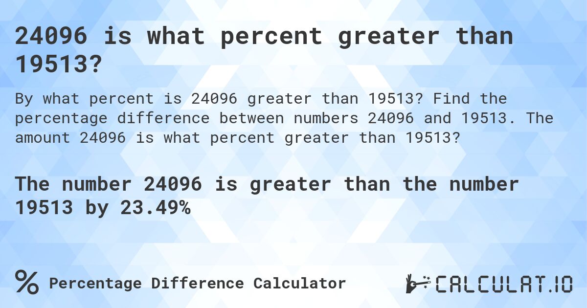 24096 is what percent greater than 19513?. Find the percentage difference between numbers 24096 and 19513. The amount 24096 is what percent greater than 19513?