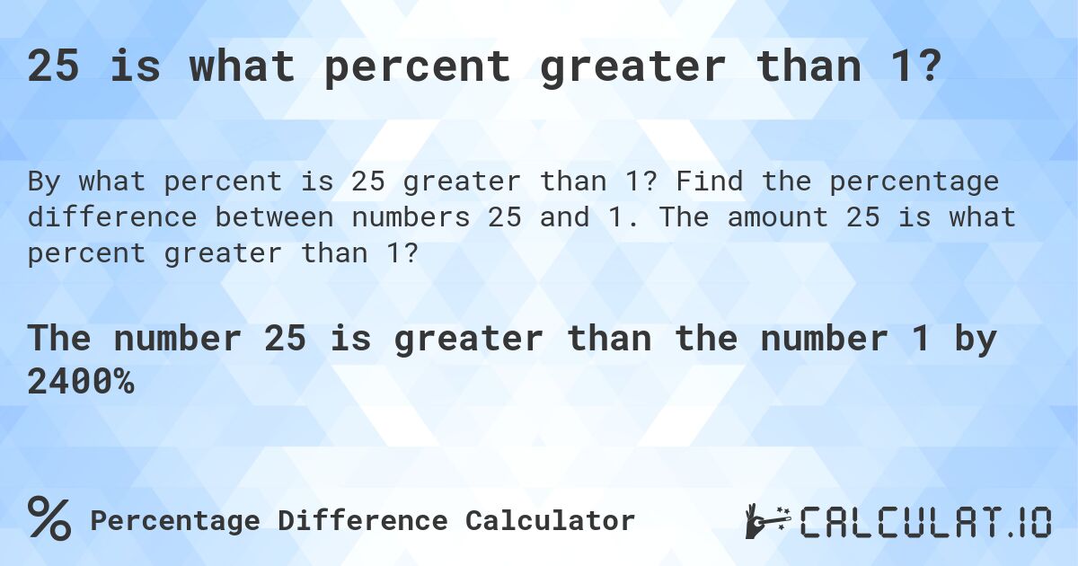25 is what percent greater than 1?. Find the percentage difference between numbers 25 and 1. The amount 25 is what percent greater than 1?