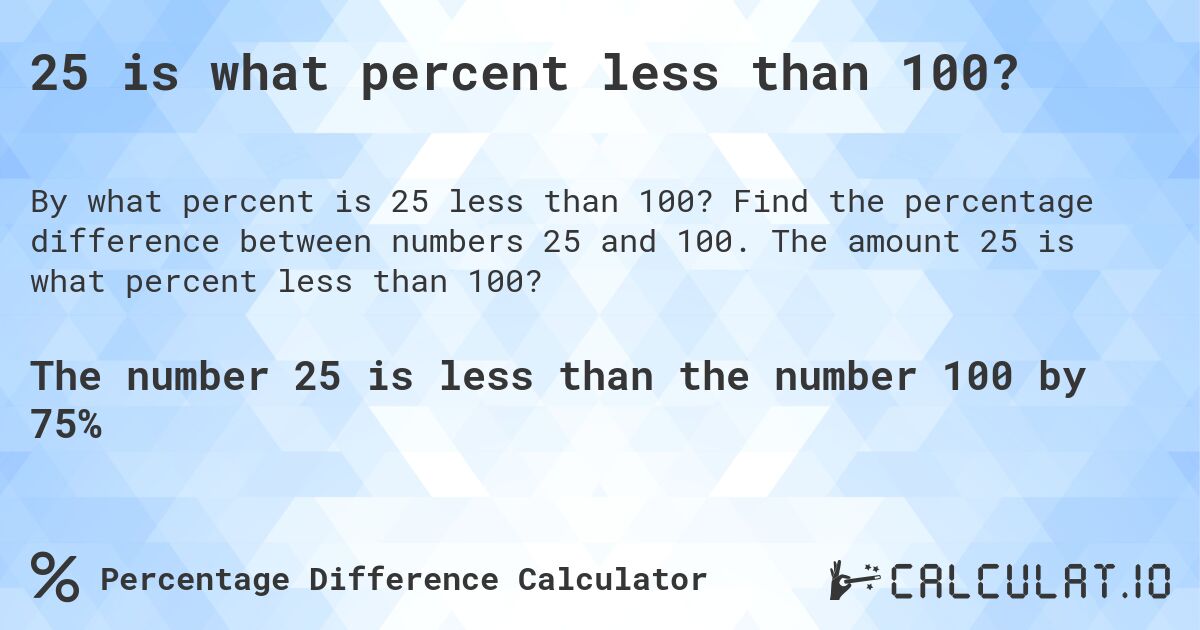 25 is what percent less than 100?. Find the percentage difference between numbers 25 and 100. The amount 25 is what percent less than 100?