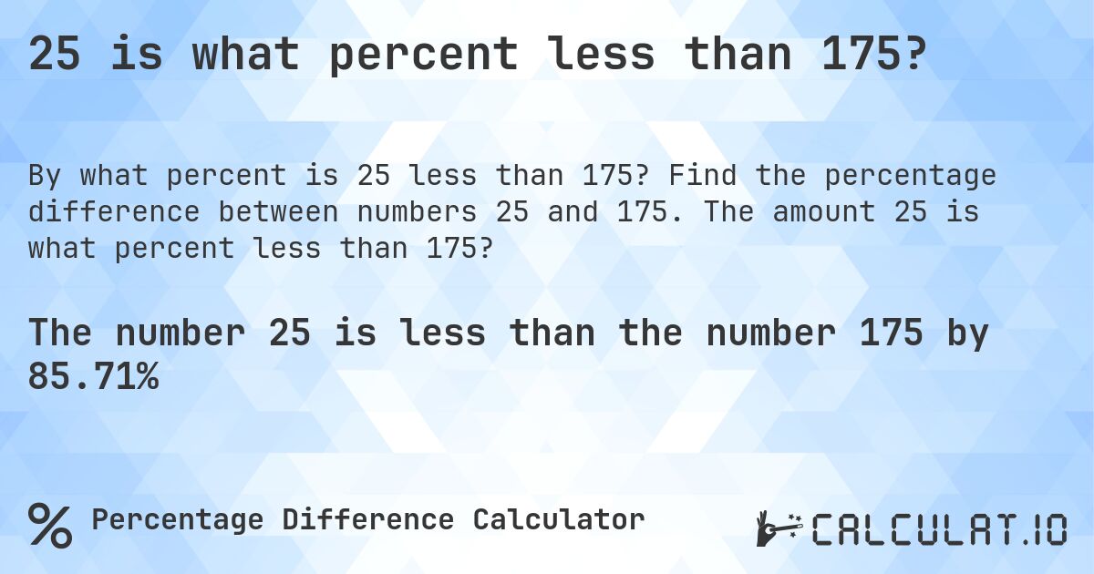 25 is what percent less than 175?. Find the percentage difference between numbers 25 and 175. The amount 25 is what percent less than 175?