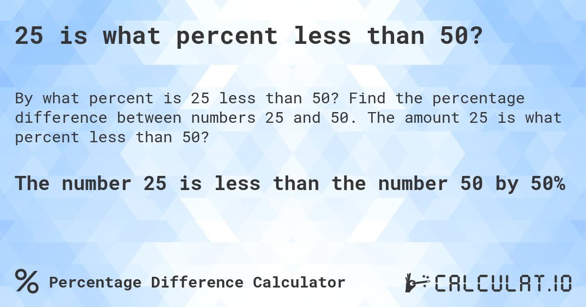 25 is what percent less than 50?. Find the percentage difference between numbers 25 and 50. The amount 25 is what percent less than 50?