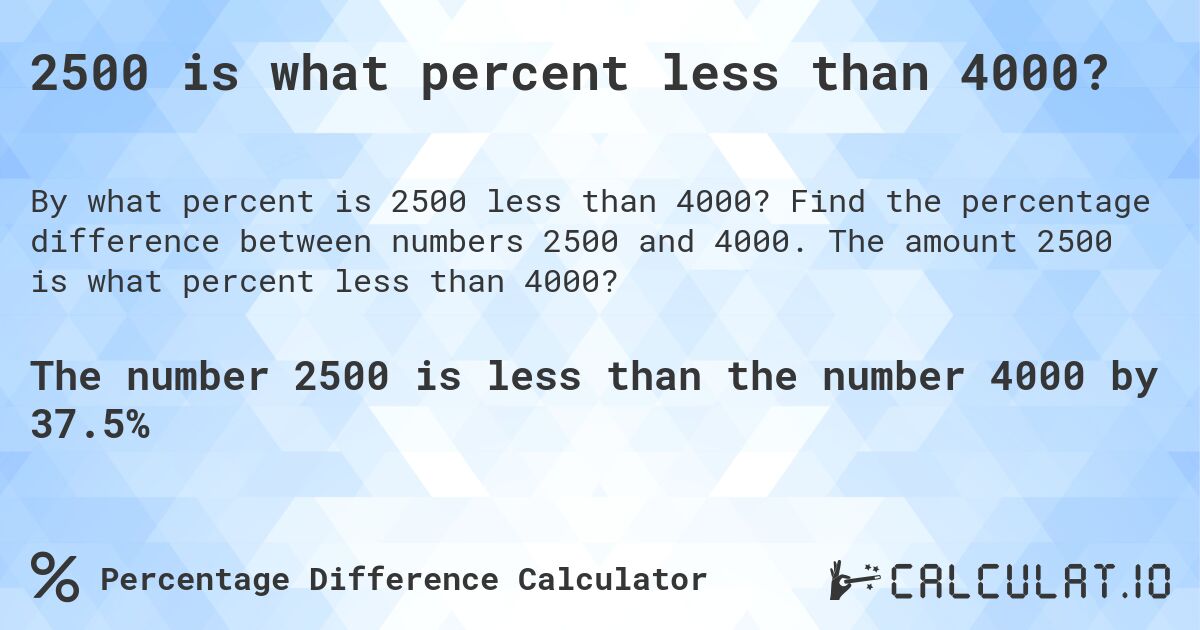 2500 is what percent less than 4000?. Find the percentage difference between numbers 2500 and 4000. The amount 2500 is what percent less than 4000?