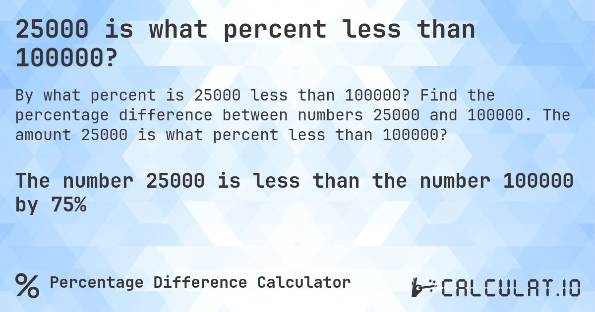 25000 is what percent less than 100000?. Find the percentage difference between numbers 25000 and 100000. The amount 25000 is what percent less than 100000?