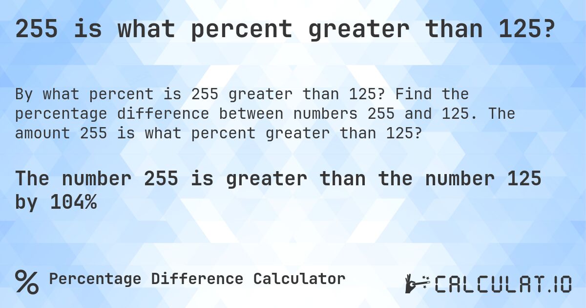 255 is what percent greater than 125?. Find the percentage difference between numbers 255 and 125. The amount 255 is what percent greater than 125?