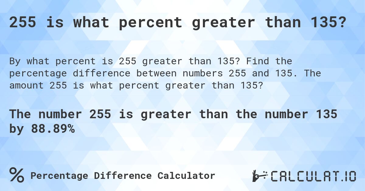 255 is what percent greater than 135?. Find the percentage difference between numbers 255 and 135. The amount 255 is what percent greater than 135?