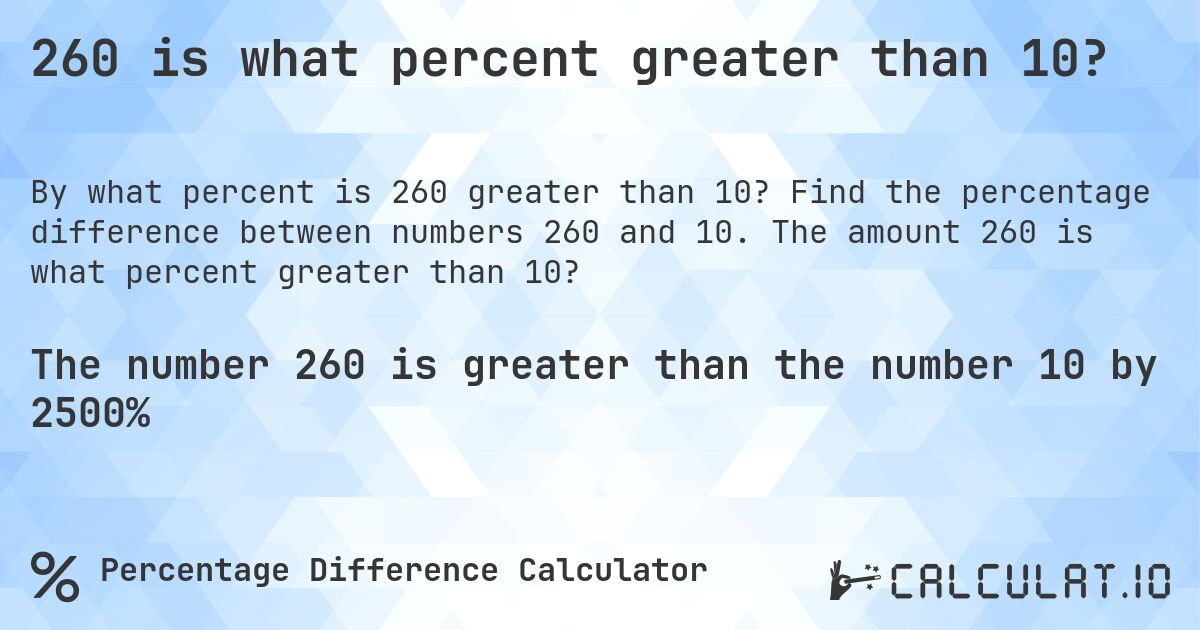 260 is what percent greater than 10?. Find the percentage difference between numbers 260 and 10. The amount 260 is what percent greater than 10?